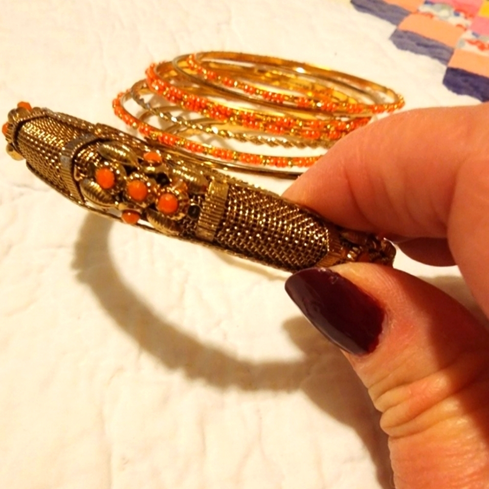 Maurices Bracelet Set Burnished Gold & Orange Bangles Vintage Bold